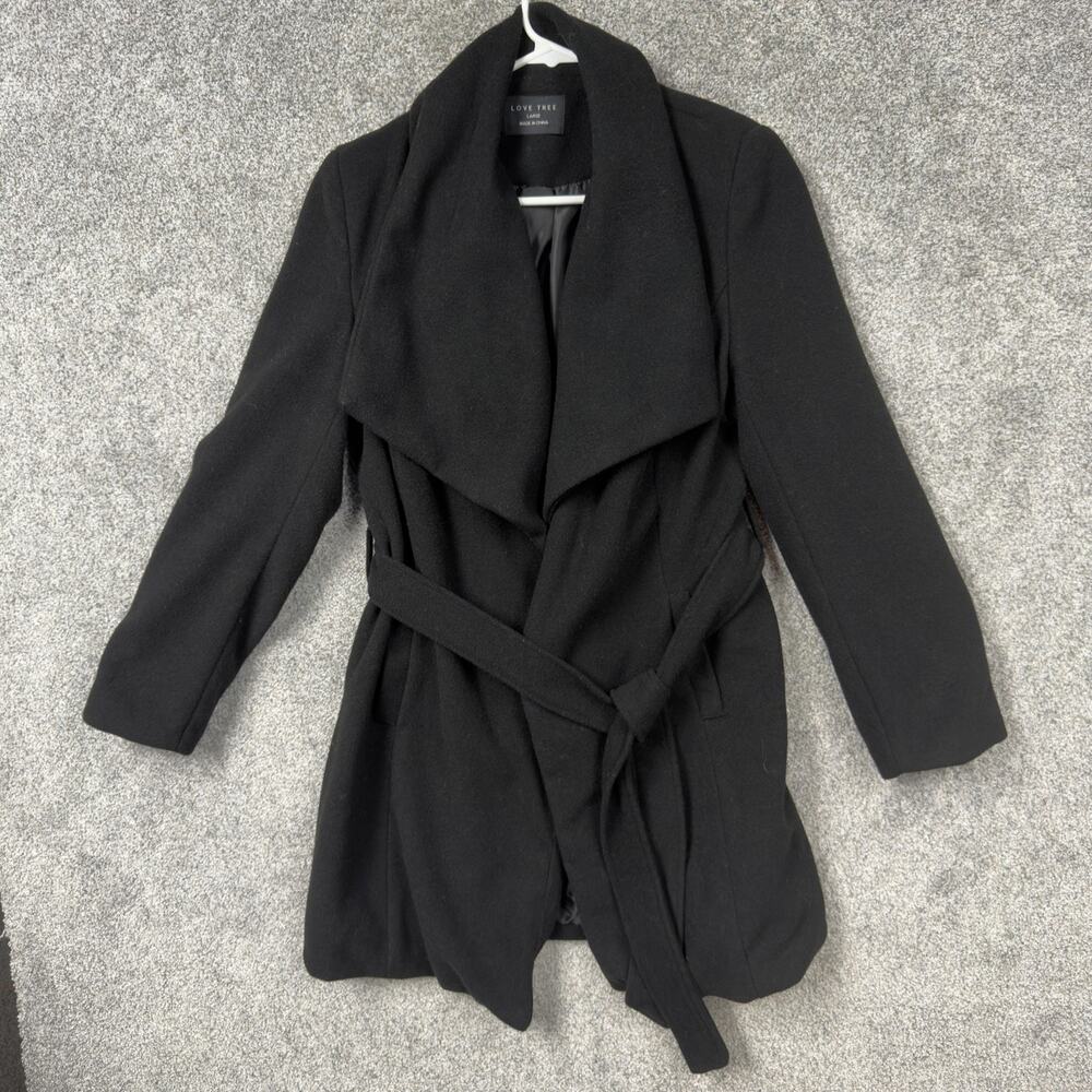Love Tree Coat Womens L Black Belted Trench Classic Minimalist Business Travel